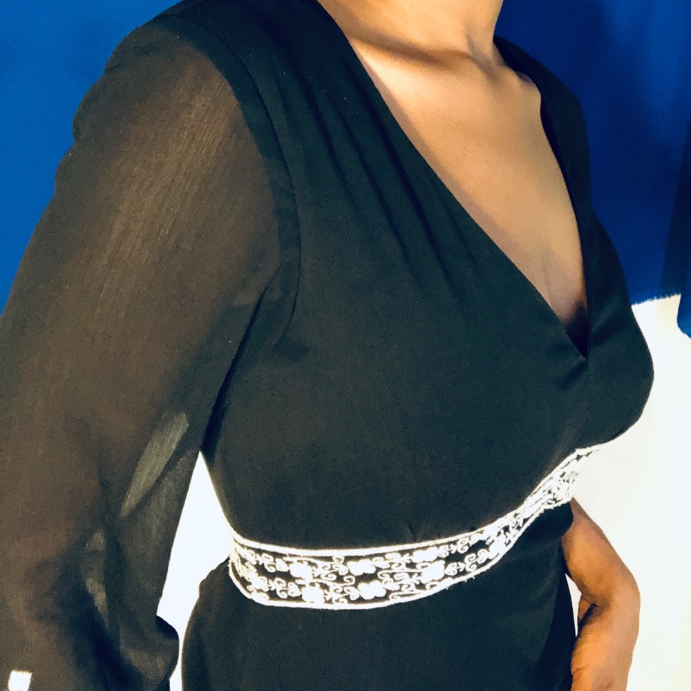 Black Bell Sleeve Evening Dress w/ Lace Detailing